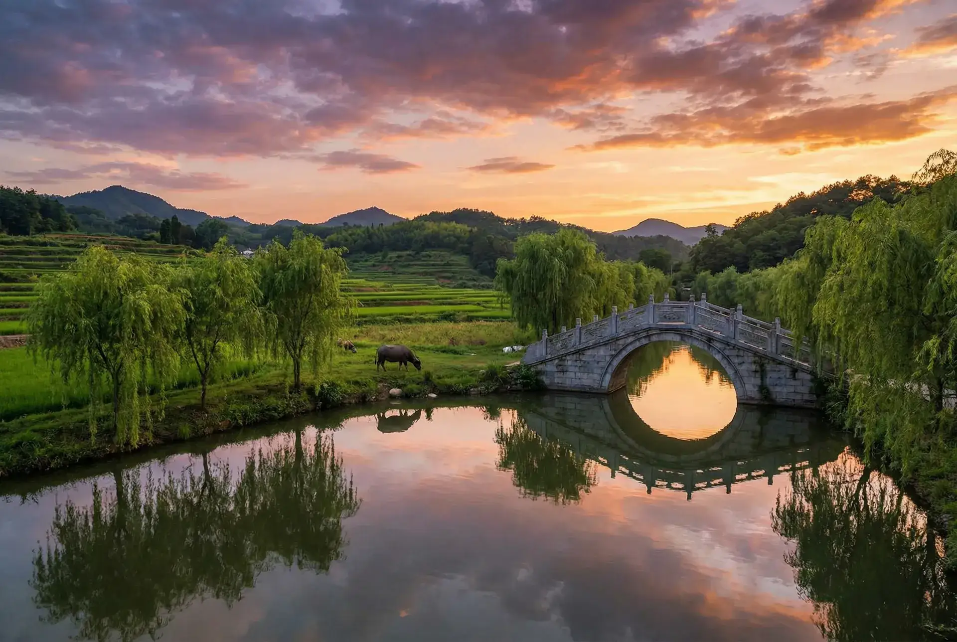 夕阳下的石拱桥与垂柳，水牛在河边吃草 - 无码番号 乡村美景